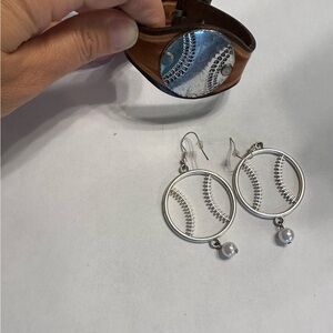 Silver Baseball Earrings with Brown Leather Bracelet